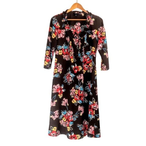 Boden Espresso Brown Floral Ruffle Neck Midi Dress - Picture 1 of 6